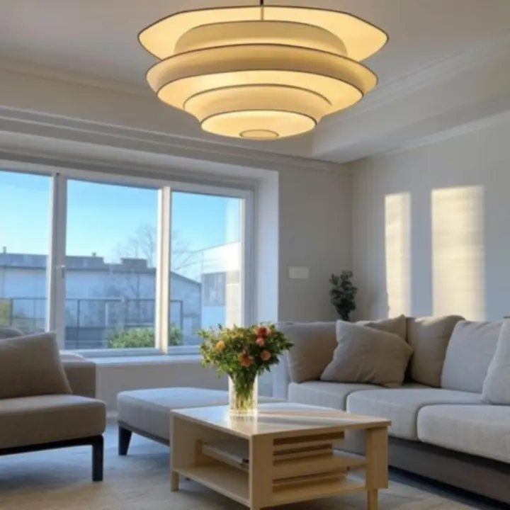 Lampa sufitowa zamontowana w nowoczesnym salonie z jasnym wystrojem