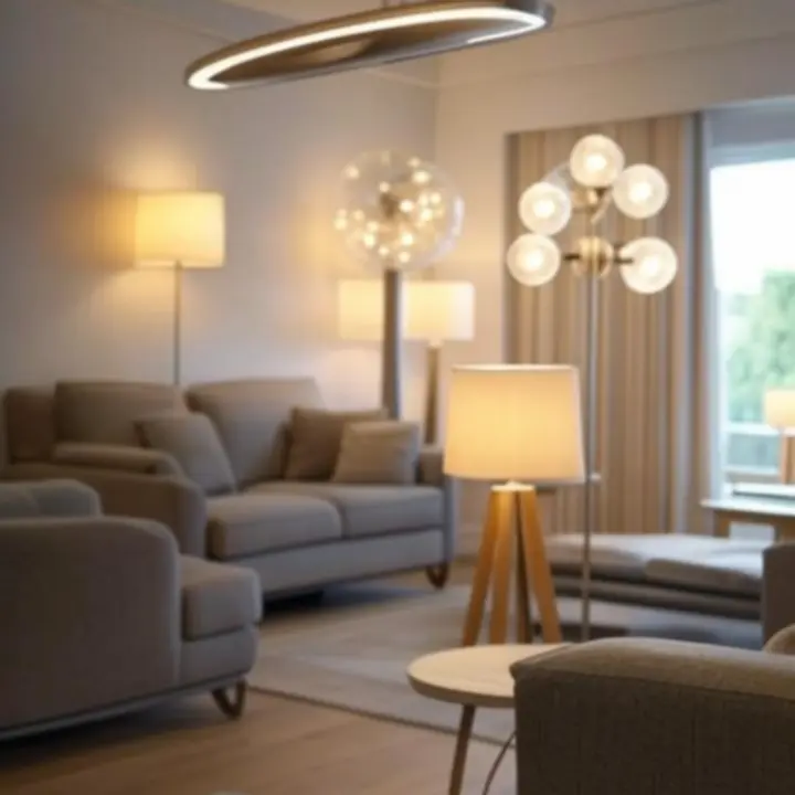 Siatka prezentująca różne typy lamp: sufitowe, ścienne, podłogowe i dekoracyjne