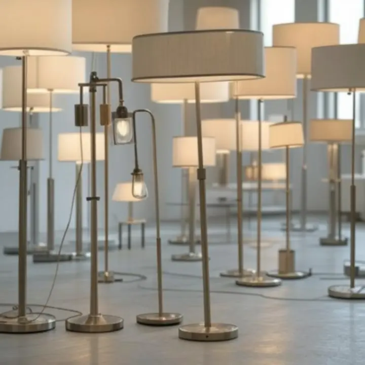 Nowoczesne lampy podłogowe w jasnym, eleganckim wnętrzu.