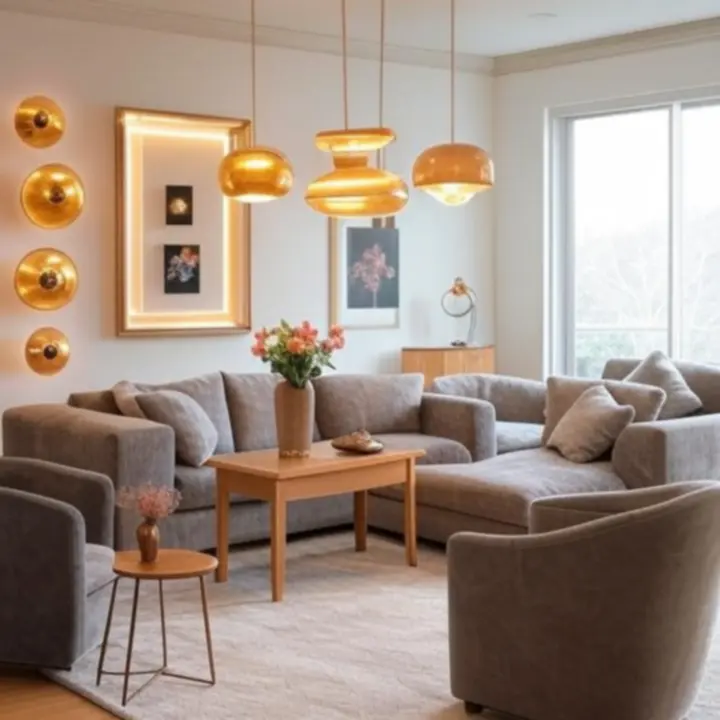 Nowoczesne dekoracyjne oświetlenie w eleganckim, jasnym salonie