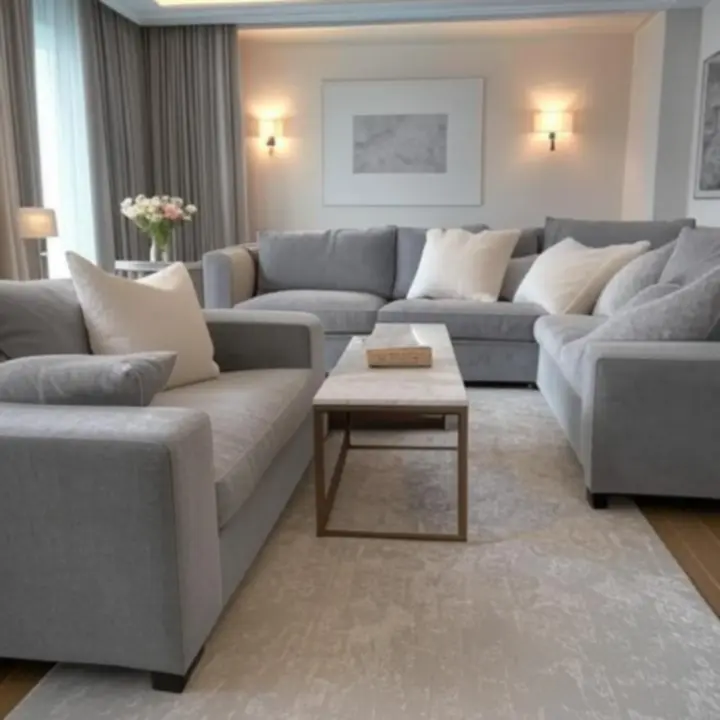 Nowoczesny salon z eleganckim oświetleniem sufitowym i lampami stojącymi