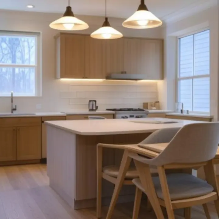 Nowoczesna kuchnia i jadalnia z efektownym oświetleniem