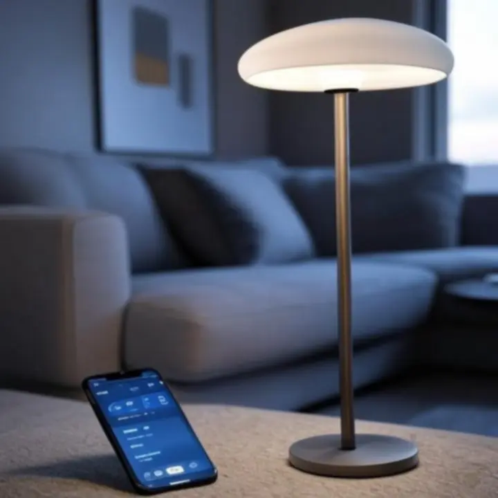 Inteligentna lampa podłogowa w nowoczesnym, zautomatyzowanym salonie.