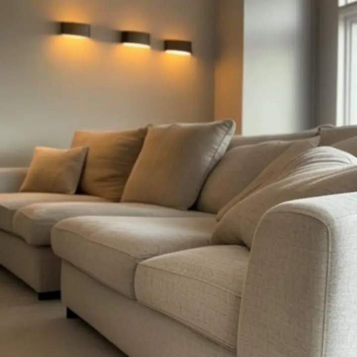 Kinkiety ścienne oświetlające nowoczesny salon z sofą